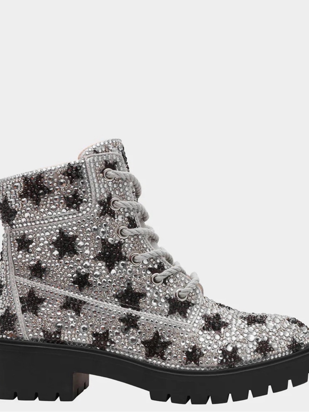 Betsey Johnson Silver Star-Embellished Lace-Up Combat Boot